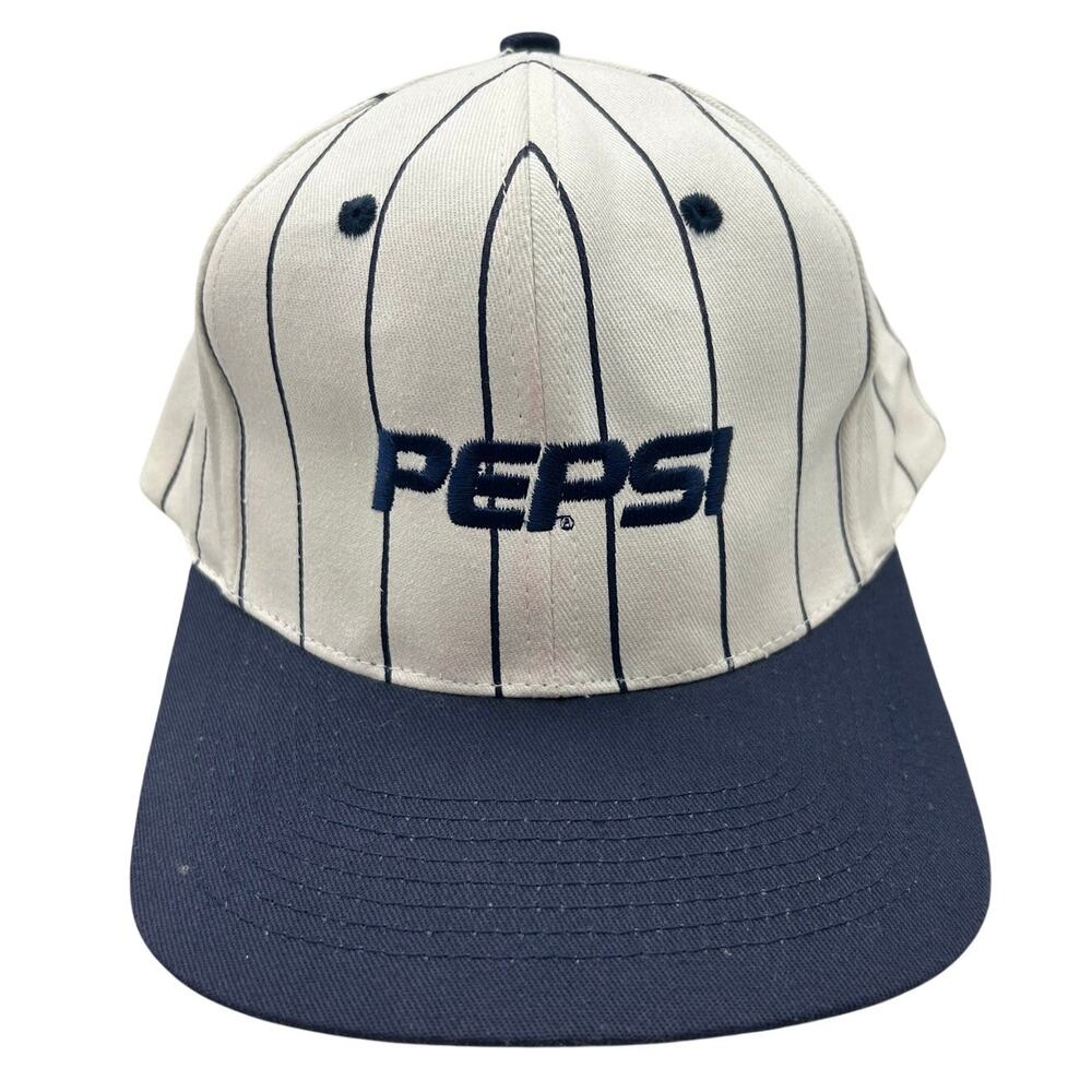 Vintage 90s Pepsi Promo Pinstripe Snapback Cap KC Green Underbrim Navy Cream